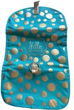 Hello Gorgeous aqua w/gold polka dot trifold makeup bag
